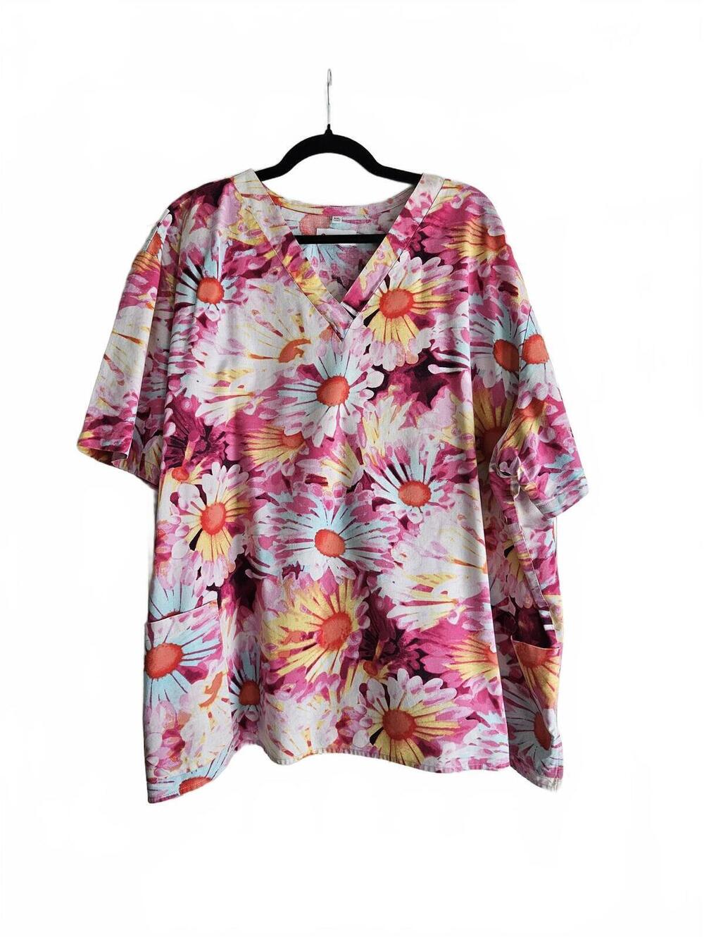 White Cross Floral Print Scrub Top Size 4XL